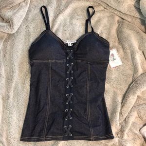Denim look front lace up tank